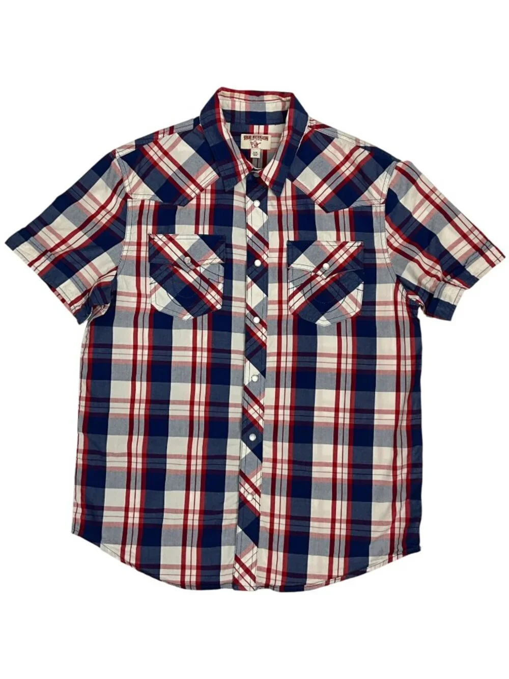 True Religion Mens Pearl Snap Western Shirt M Red White Blue Plaid Patriotic